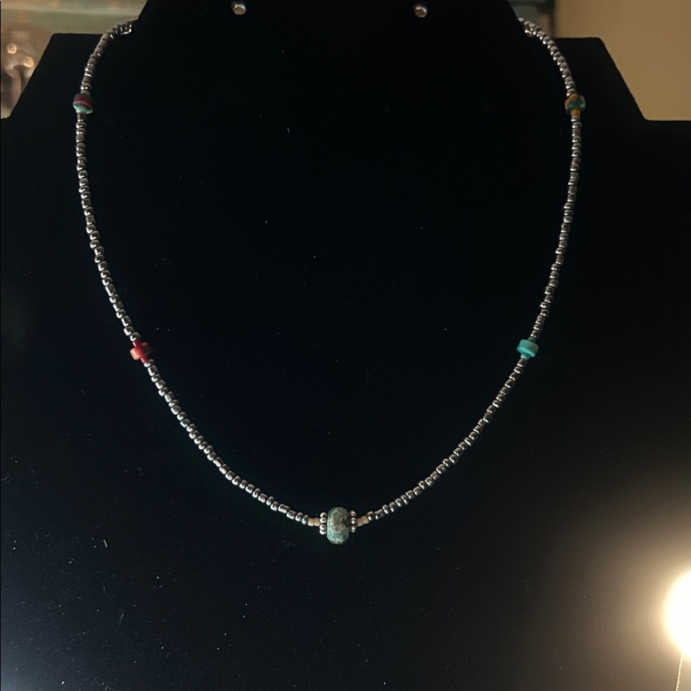 Chic Silver Necklace with Red and Turquoise Accents